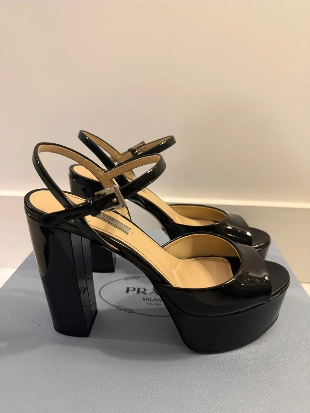 Prada Black Patent Platform Sandal Heels with Ankle Strap